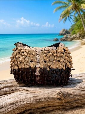Artisan Handmade Capiz Shell Wooden Fringe Resort Clutch🐚 Coastal Boho Luxe🖤NWOT